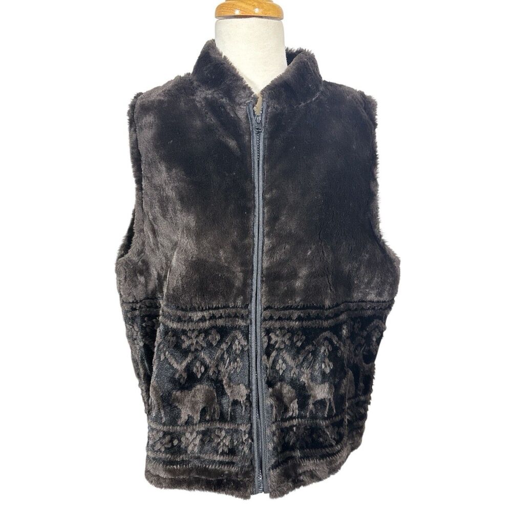 Vintage Bear Ridge Outfitters Faux Fur Vest Moose Motif Womens XL Zip Up